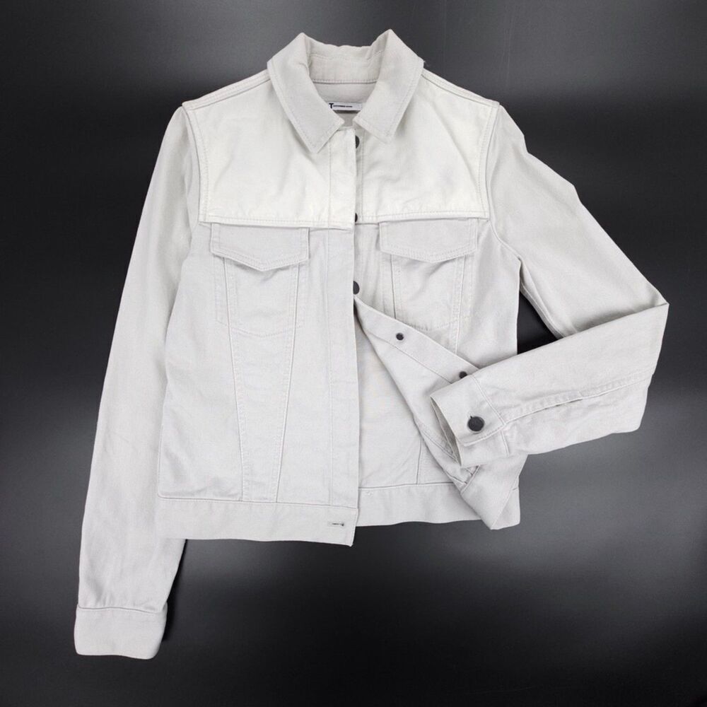 ALEXANDER WANG Leather Button Down Trucker Jacket Minimal Western Taupe Denim XS